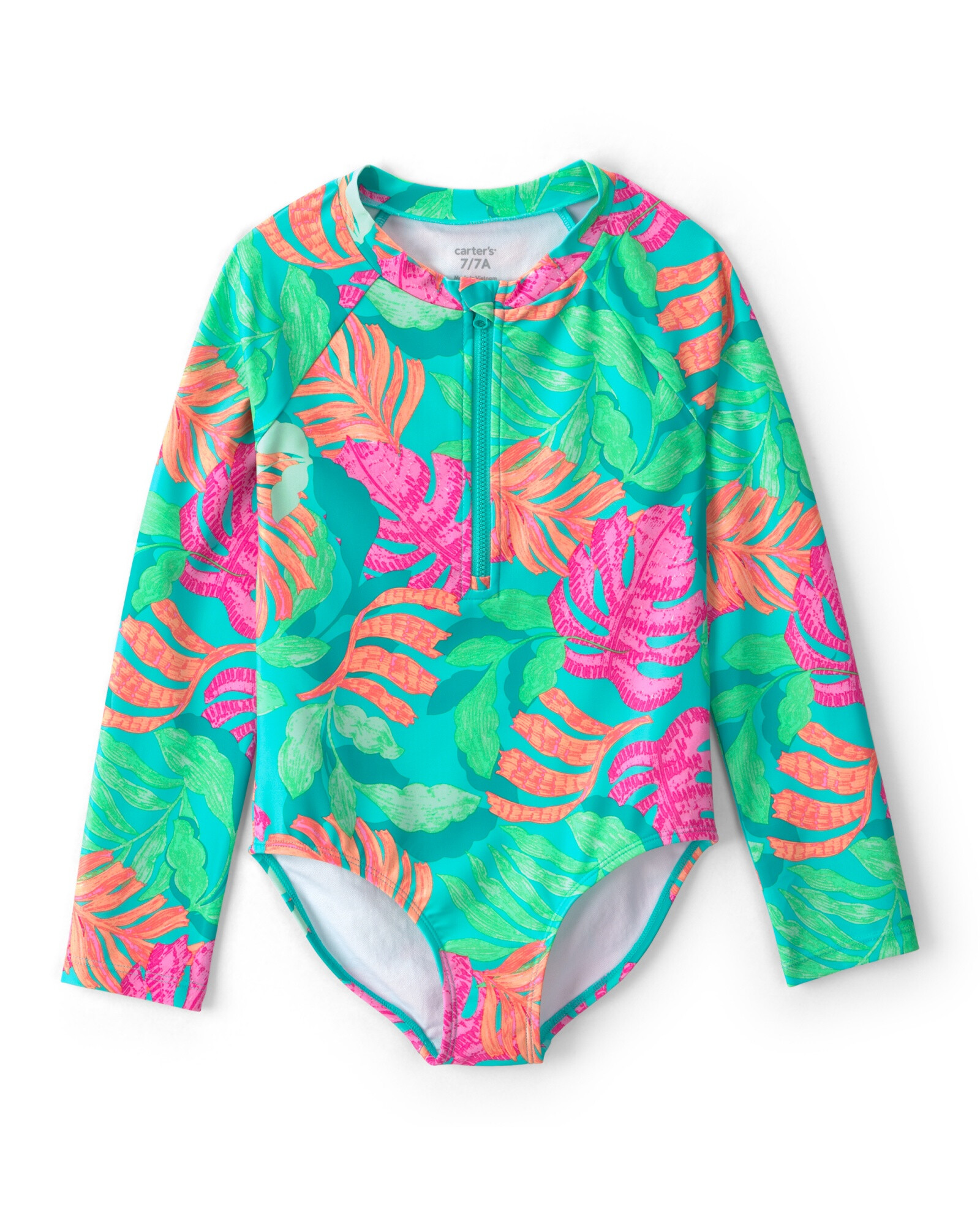 Malla de baño 1 pieza manga larga con protección UPF 50+, verde, diseño tropical Sin color