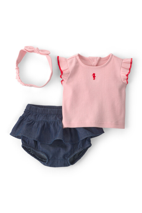 Set tres piezas, short de chambray más remera y vincha de algodón acanalado rosa Sin color