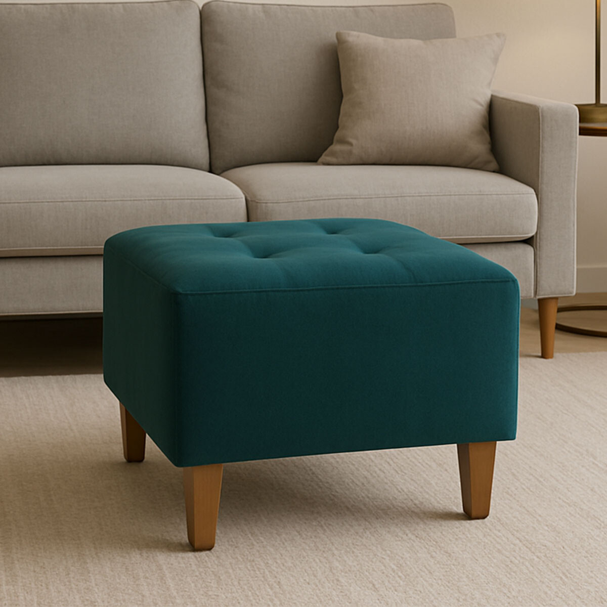 Puff tela y patas de madera - Azul 