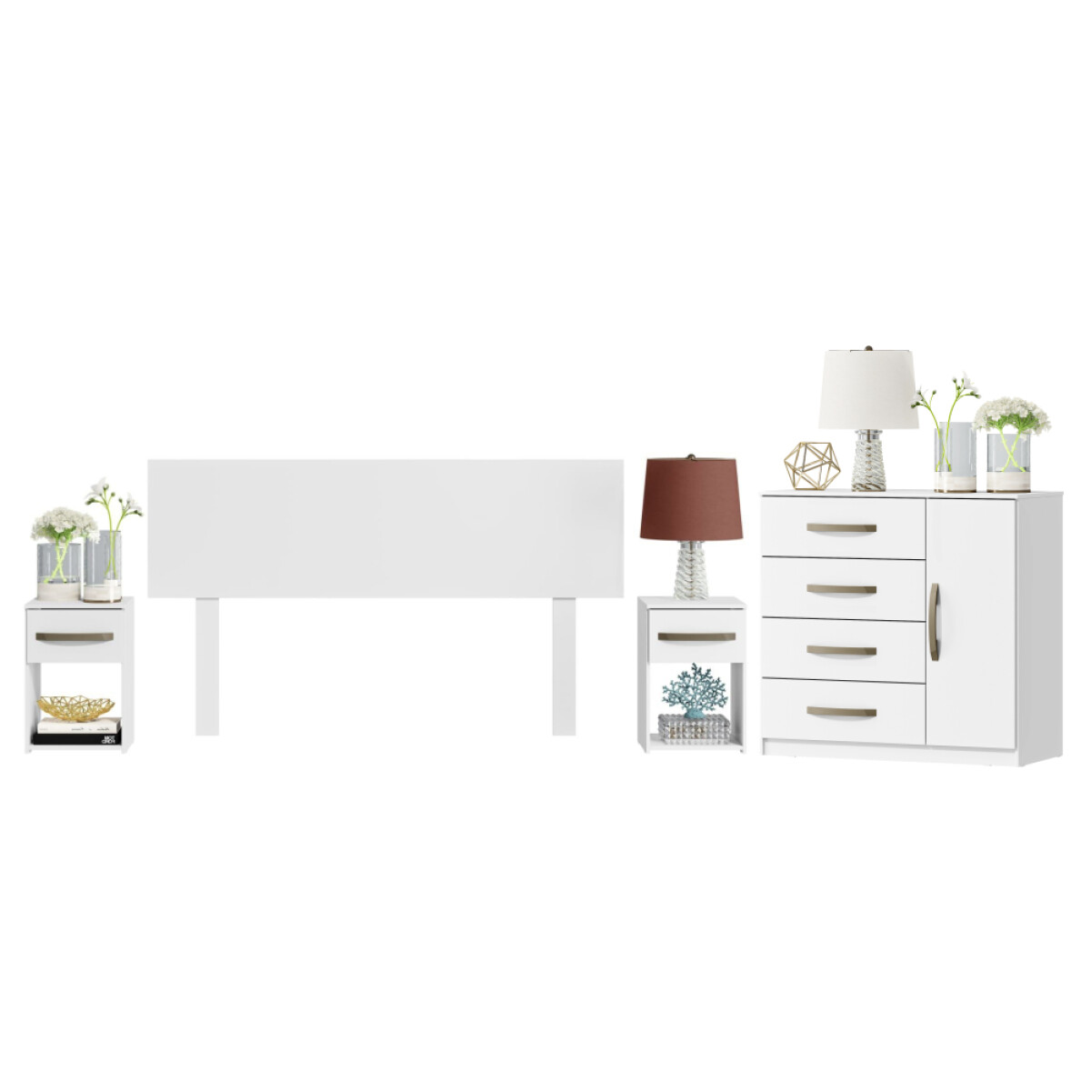 Combo Respaldo, 2 Mesas de Luz y Cómoda - MDP - Blanco 