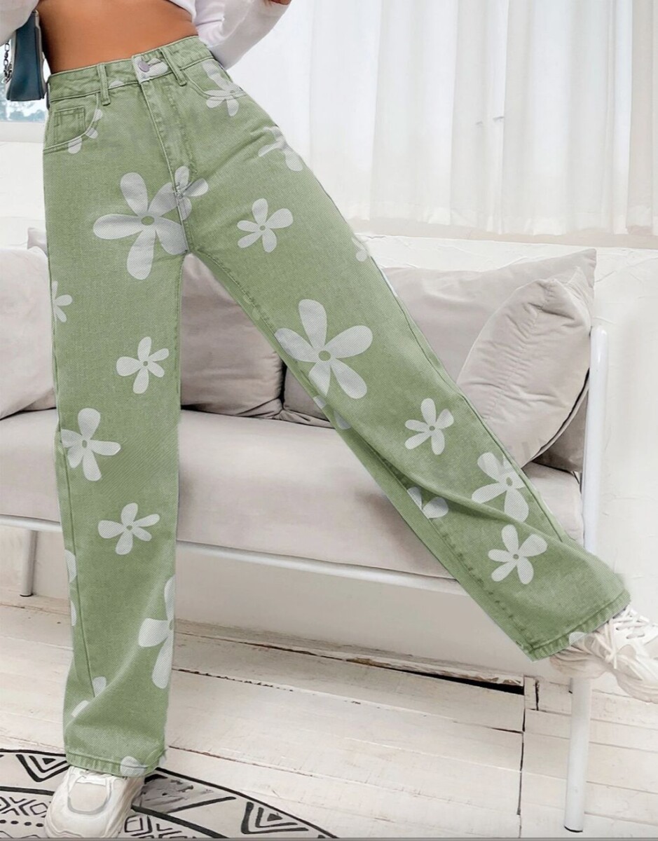 Pantalón MILEY Denim tiro alto estampado flores - Verde 