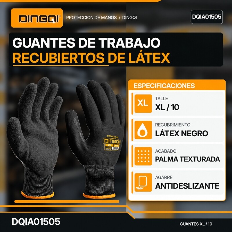 DINGQI GUANTE LATEX INDUSTRIAL XL NEGRO 250MM 95G PAR Dingqi Guante Latex Industrial Xl Negro 250mm 95g Par