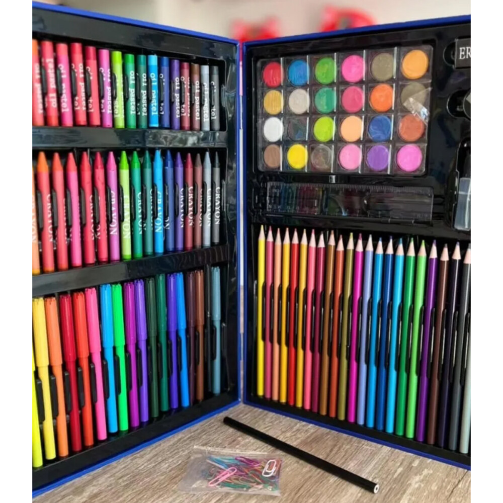 Valija 128 Piezas Marcadores Lápices Crayones Madera Azul