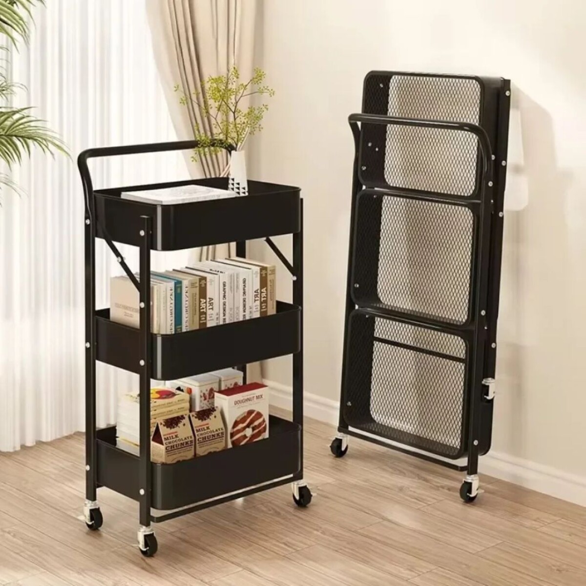 Carrito Organizador Plegable Con Ruedas 3 Niveles Multiuso Negro 