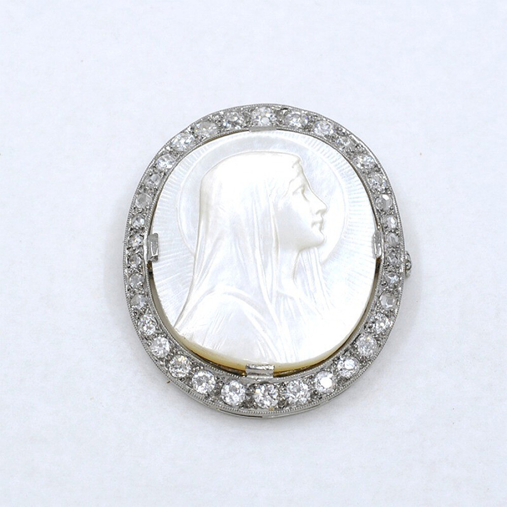 Prendedor Antiguo Oro 18K Blanco, Brillantes, Diamantes Y Nácar, Punzones Franceses Prendedor Antiguo Oro 18K Blanco, Brillantes, Diamantes Y Nácar, Punzones Franceses