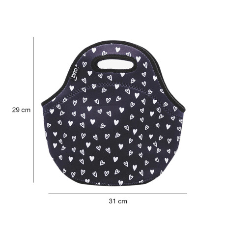 Lunchera de Neopreno Brio Bolso Térmico Bebida Comida c/ Asa Negro Corazones Blancos