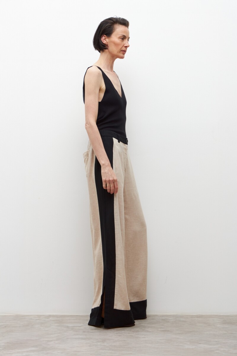 Pantalón ancho de lino bicolor con tajos negro