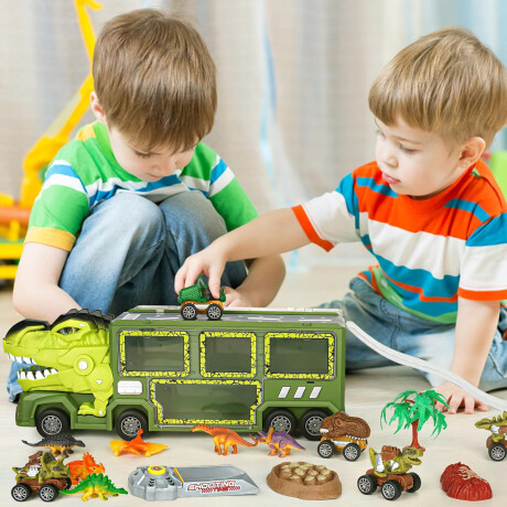 Set Camión Transportador Dinosaurios + Autos Monster 15 Pzas Verde