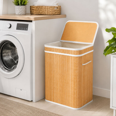 Canasto Cesto Ropa Plegable Bambú Con Tapa Practica Blanco
