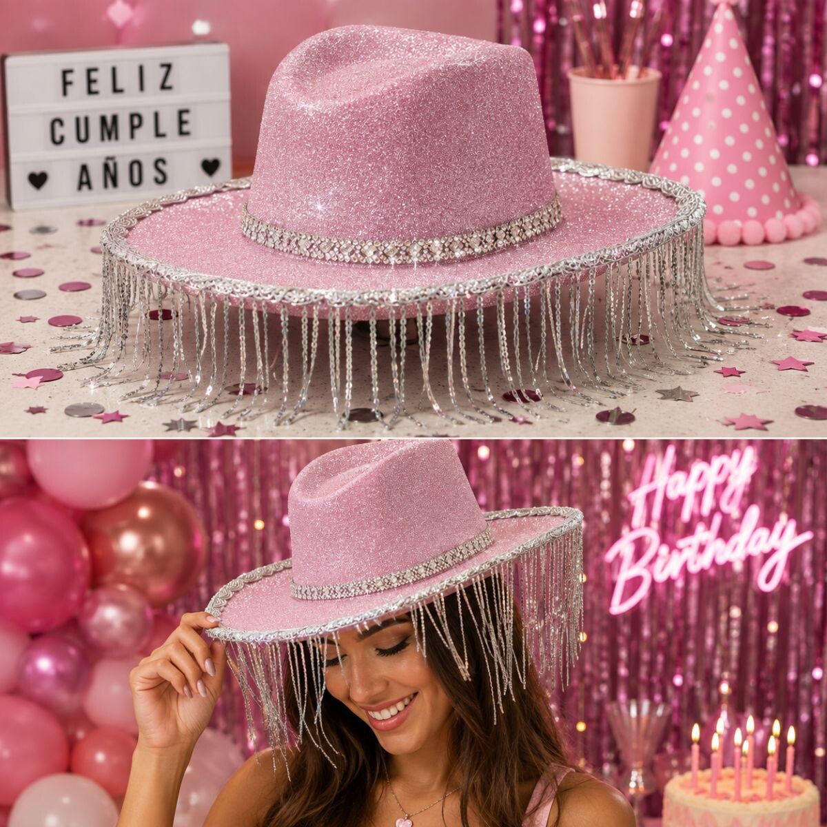 Sombrero Cowboy Brillante con de Lentejuelas - Rosa 