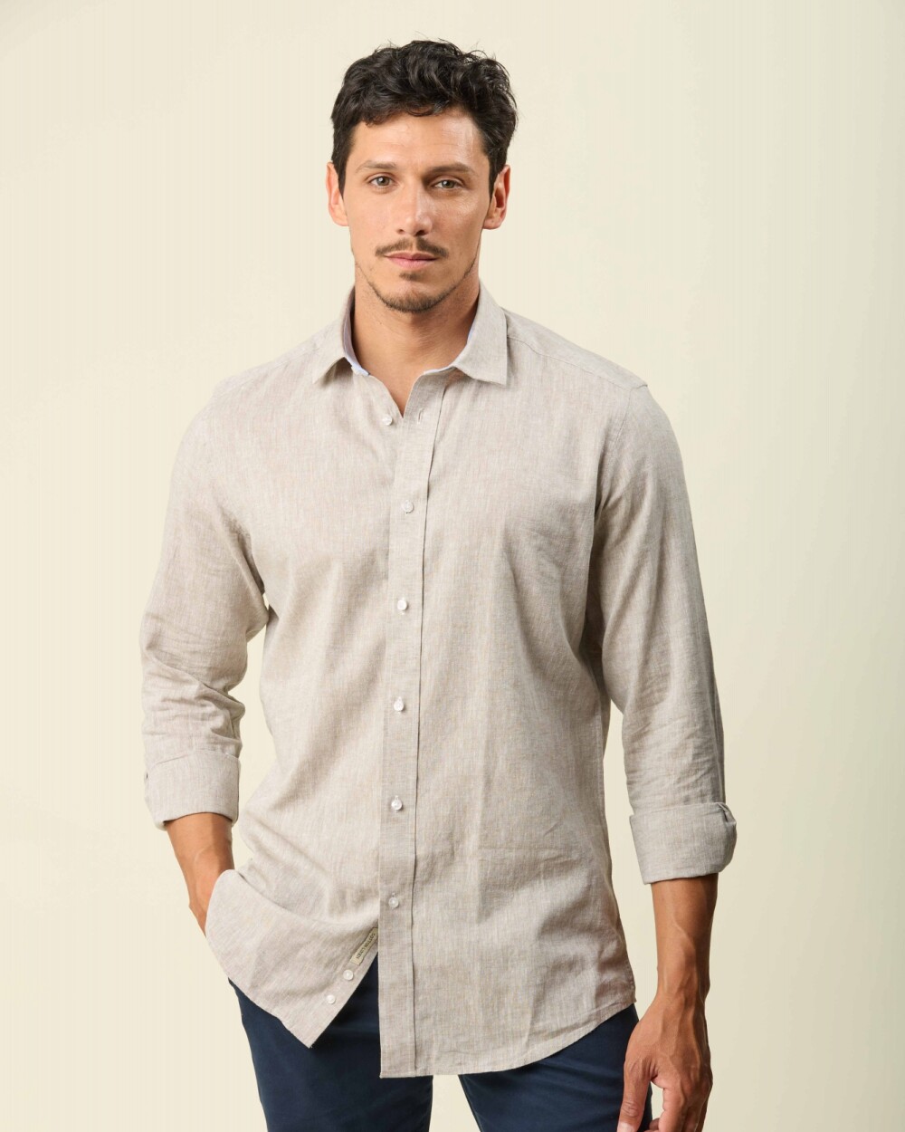 Camisa Lino Algodón Manga Larga Beige