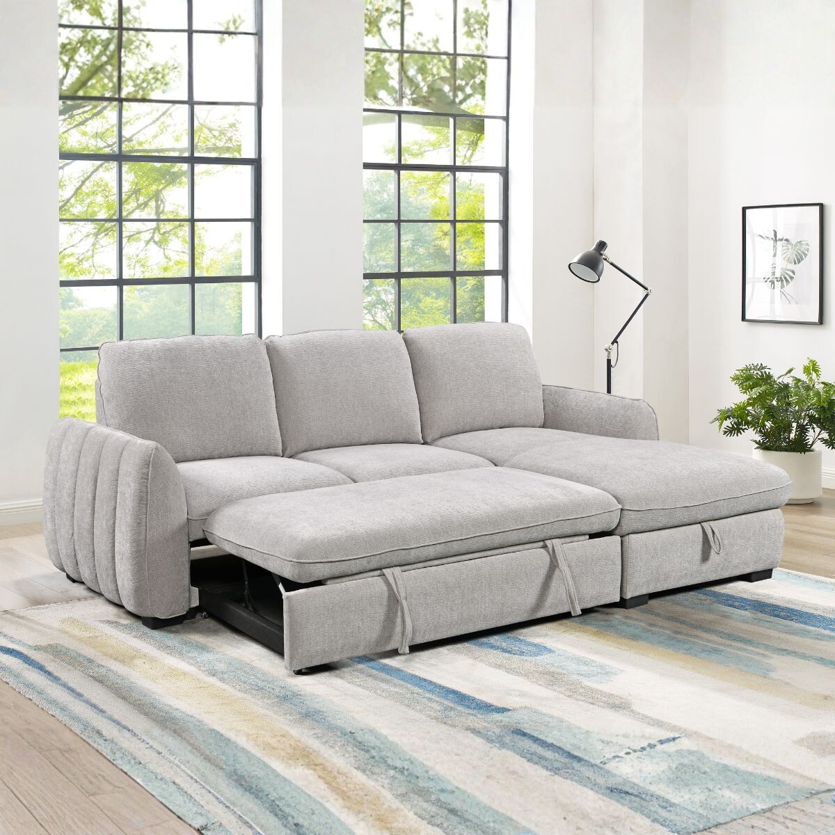 Rinconera Cama Thesi (C/Baúl) - Tela Microfibra - Chaise derecho - City 451 (Gris) 