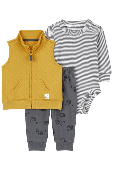 Set tres piezas de algodón, chaleco capitoneado, pantalón y body, diseño constructor Set tres piezas de algodón, chaleco capitoneado, pantalón y body, diseño constructor