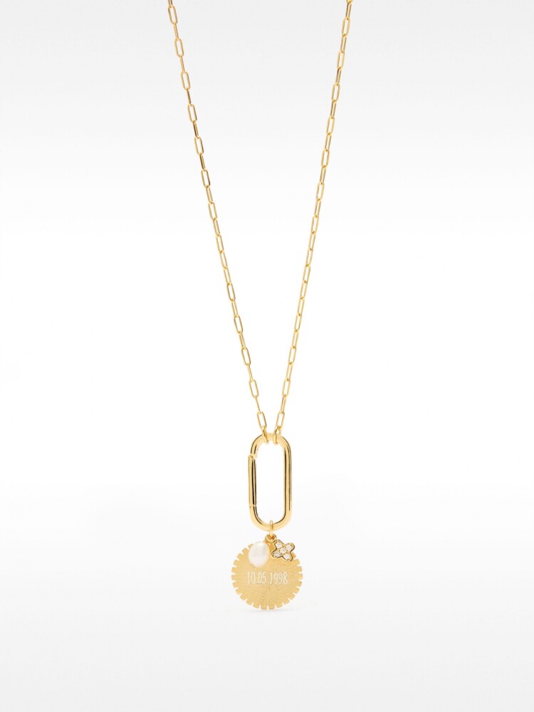 Collar De Eslabones Con Medalla Y Perla De Agua Dulce - Plata De Ley 925 dorado