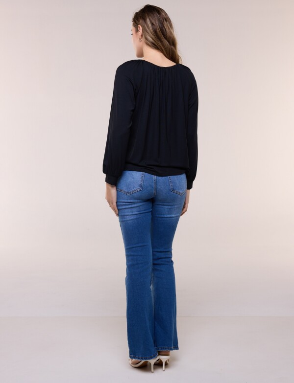 Blusa Modal Escote Fruncido Y Mangas Largas NEGRO