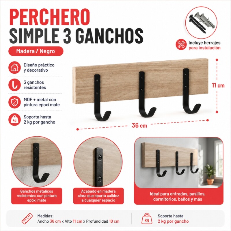Perchero simple con 3 ganchos MADERA/NEGRO