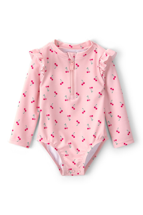 Malla de baño 1 pieza manga larga con protección UPF 50+, rosada, diseño cerezas. Talles 3-24M Sin color