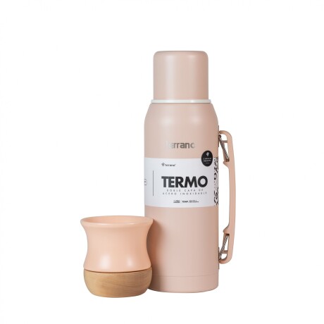 Kit Termo 1lt. Premium + Mate Cerámica base Madera Rosado