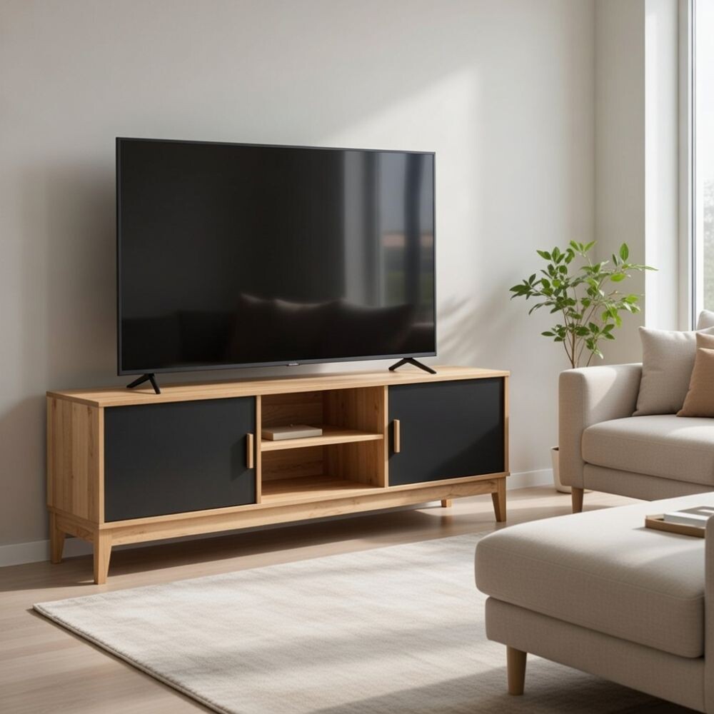 RACK APARADOR PARA TV 2 PUERTAS EN MADERA MACIZA NEGRO