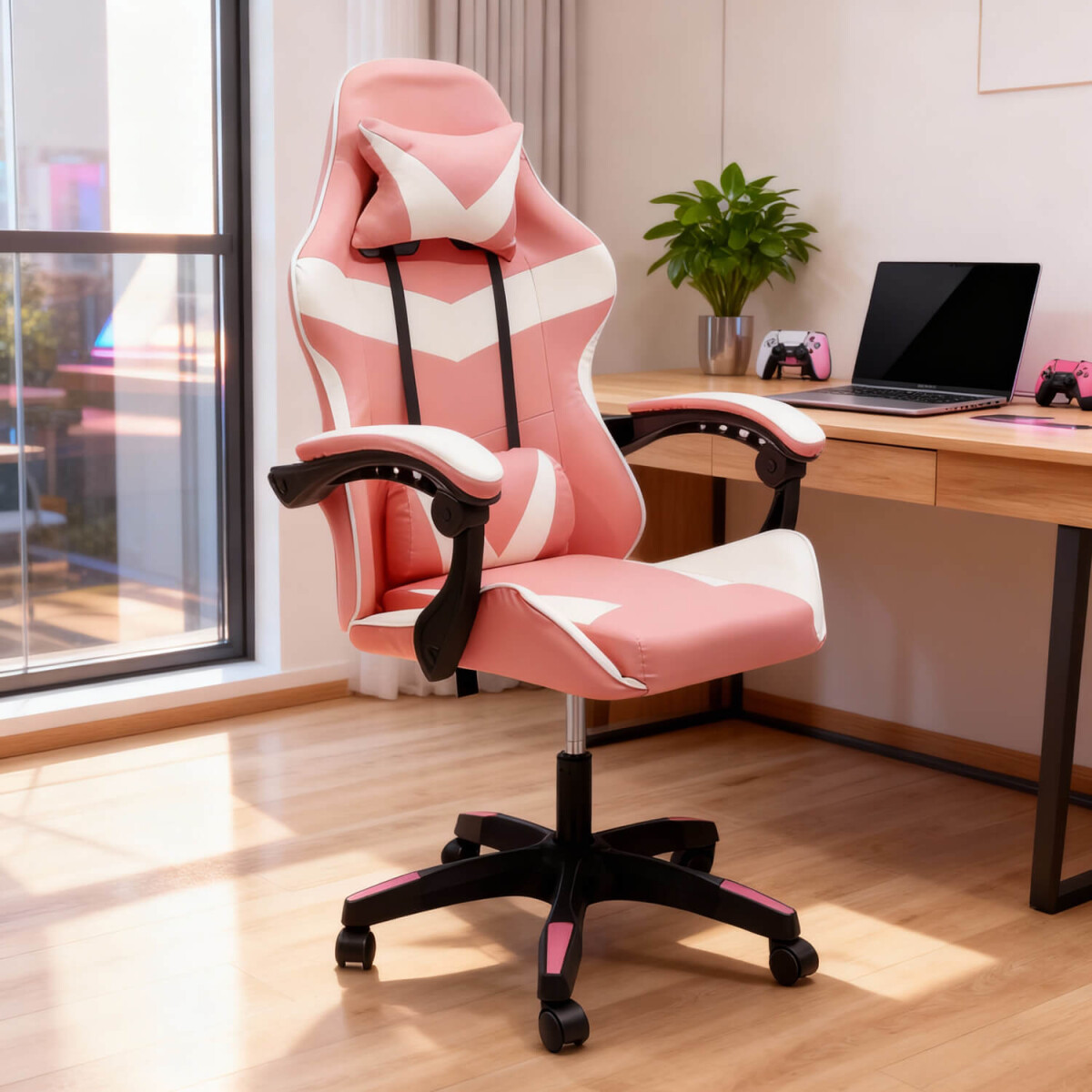 Silla Gamer De Escritorio Ergonomica Pc Gaming Tela Cuero Sintetico Imback Rosa Y Blanca 