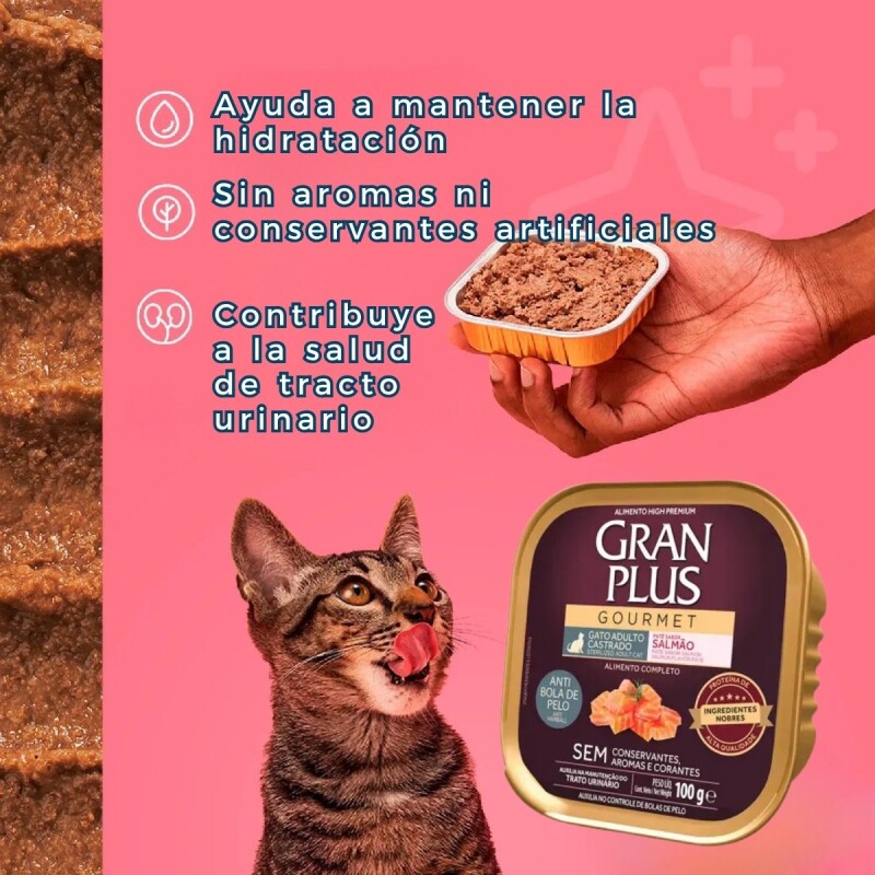 PATE GRAN PLUS GATO CASTRADO ADULTO SALMON ANTI BOLA DE PELO 100 GRS PATE GRAN PLUS GATO CASTRADO ADULTO SALMON ANTI BOLA DE PELO 100 GRS