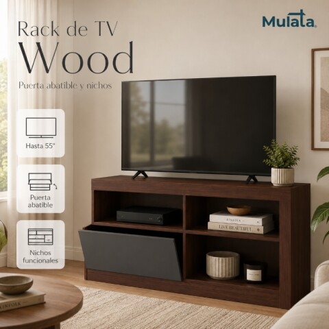 Rack para TV 55” Wood Marrón con Puerta Abatible y Nichos - Duna Satinado Lacca Fume Rack para TV 55” Wood Marrón con Puerta Abatible y Nichos - Duna Satinado Lacca Fume