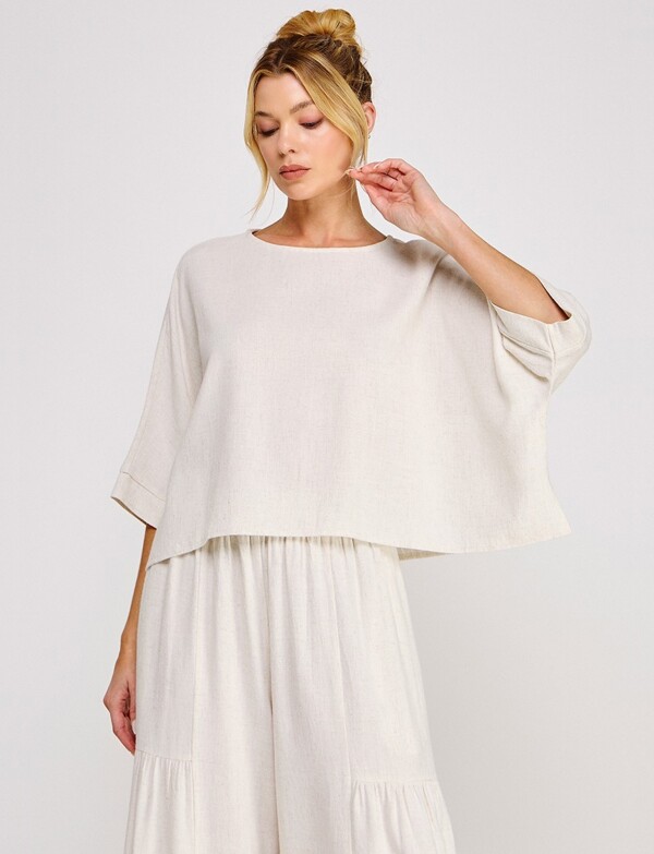 Blusa Crop De Lino Manga Kimono BEIGE CLARO