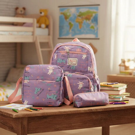 Set Mochila 3 Piezas Diseño Animalitos Escolar Resistente Lila