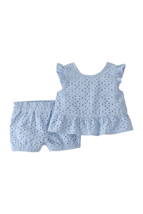 Set dos piezas de algodón orgánico, short y remera, azul, diseño ojales Sin color