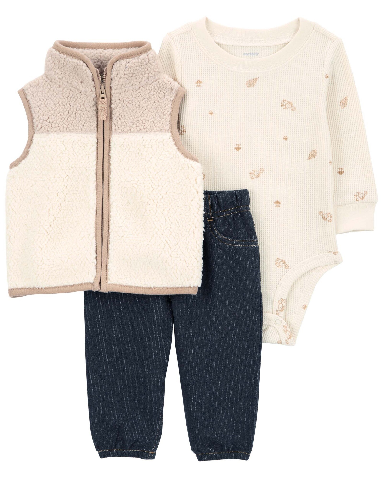 Set tres piezas, chaleco de sherpa, body térmico y pantalón de algodón Sin color