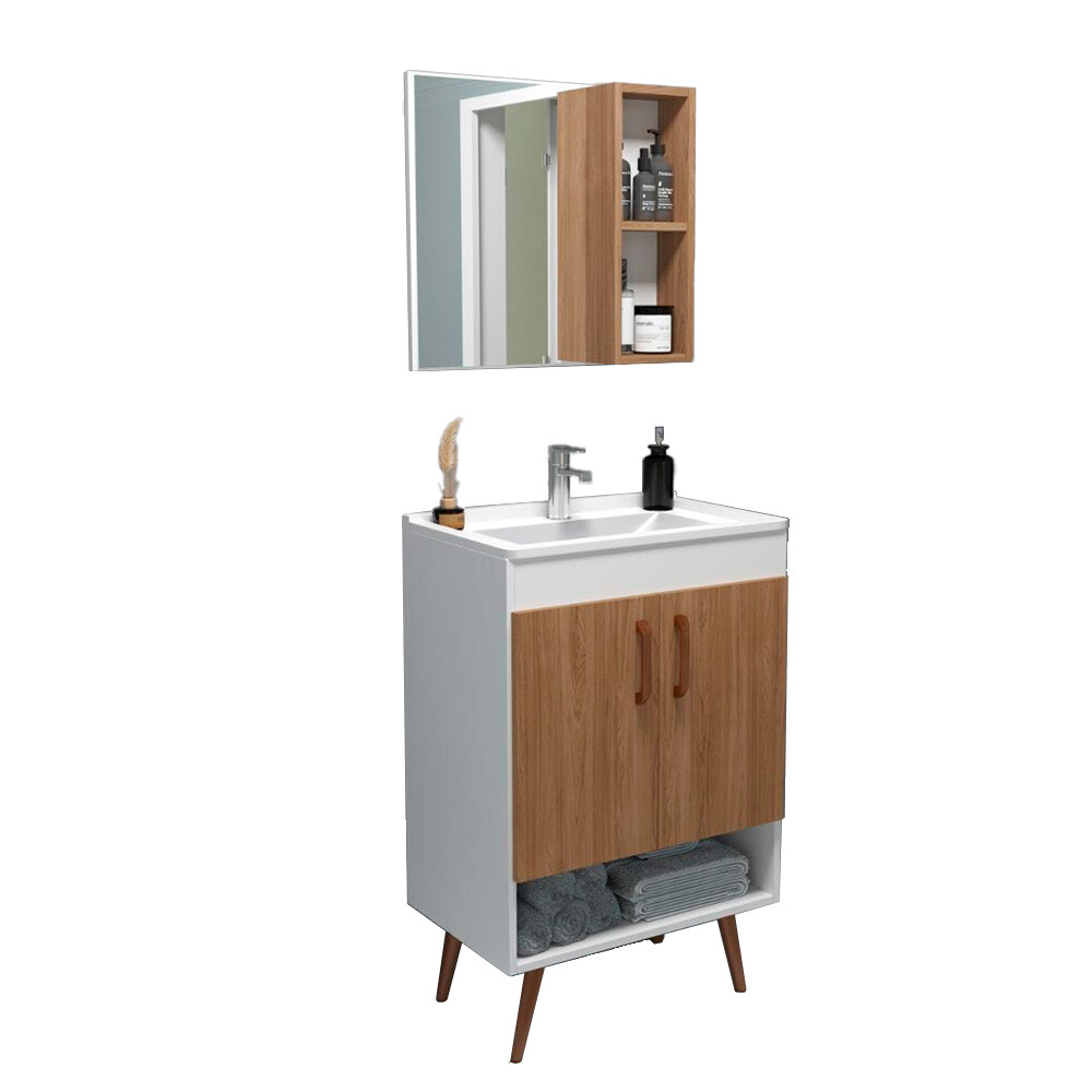 CONJUNTO DE BAÑO VERONA COLOR BLANCO/CARVALHO / MUEBLE + BACHA + ESPEJO / 60 CM Conjunto De Baño Verona Color Blanco/carvalho / Mueble + Bacha + Espejo / 60 Cm