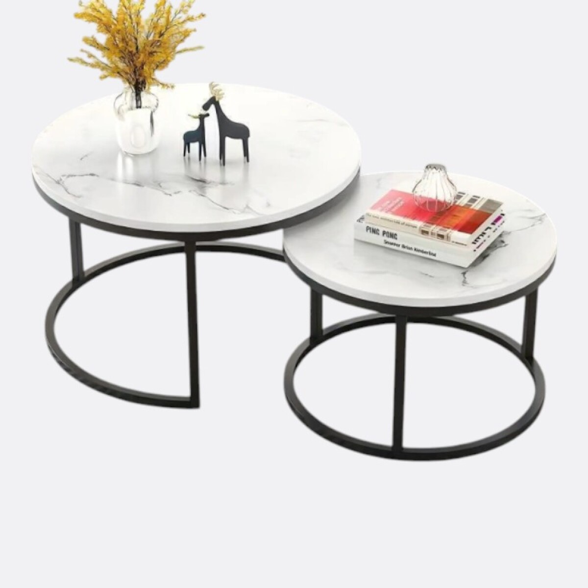 Mesa Auxiliar Circular Doble Chica - Marmolado Blanco y Negro 
