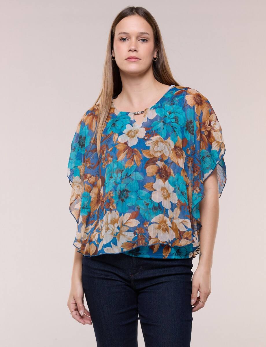 Blusa Gasa Estampada Floral Con Lúrex - Azul/multi 