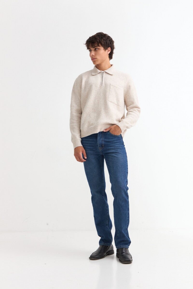 Sweater cuello polo con cierre - Beige 