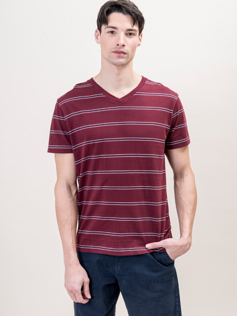 Camiseta a rayas con cuello en V - Bordeaux 