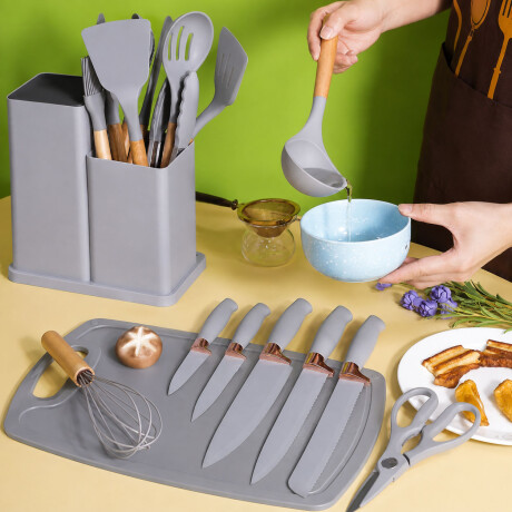 Set Cocina Menage 19Pz Utensillos Cuchillos Tabla c/Soporte Gris