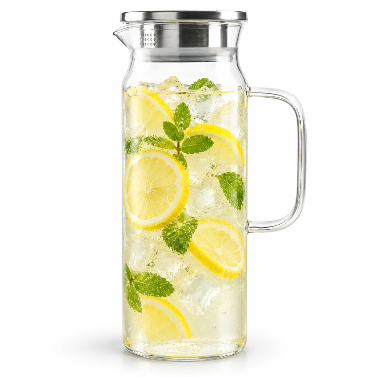Jarra de Vidrio 1,3L Tapa Acero Inoxidable Bebidas Frias - Transparente 