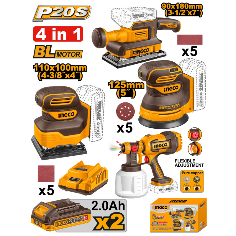 KIT COMBO A BATERIA P20S BRUSHLESS 3 LIJADORAS + 1 PISTOLA DE PINTURA + 2BAT CA KIT COMBO A BATERIA P20S BRUSHLESS 3 LIJADORAS + 1 PISTOLA DE PINTURA + 2BAT CA