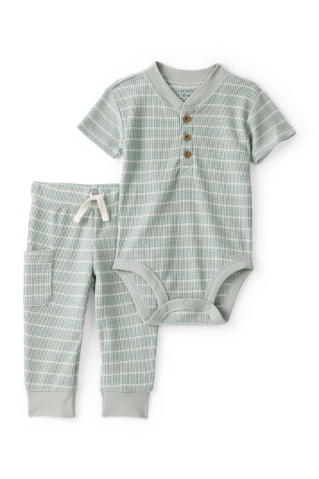 Set dos piezas de algodón térmico, pantalón y body henley, verde, diseño a rayas Sin color