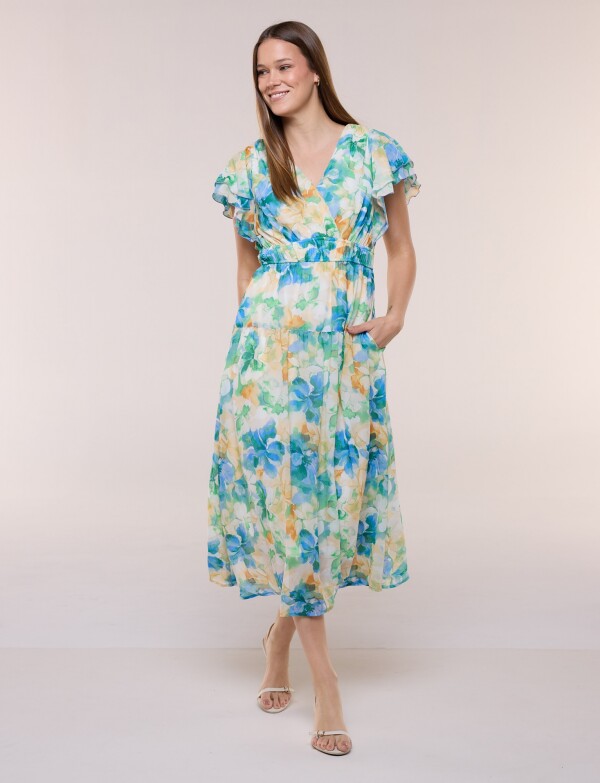 Vestido Midi De Gasa Con Mangas Con Volados MULTI/AZUL