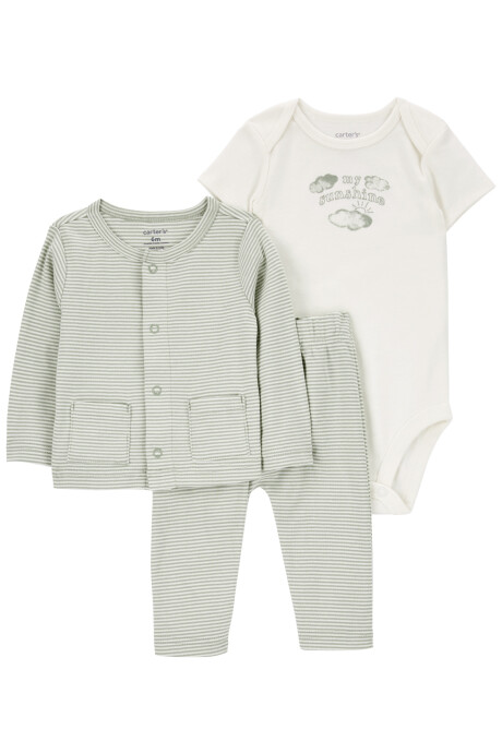 Set tres piezas de algodón, pantalón, saco y body Set tres piezas de algodón, pantalón, saco y body