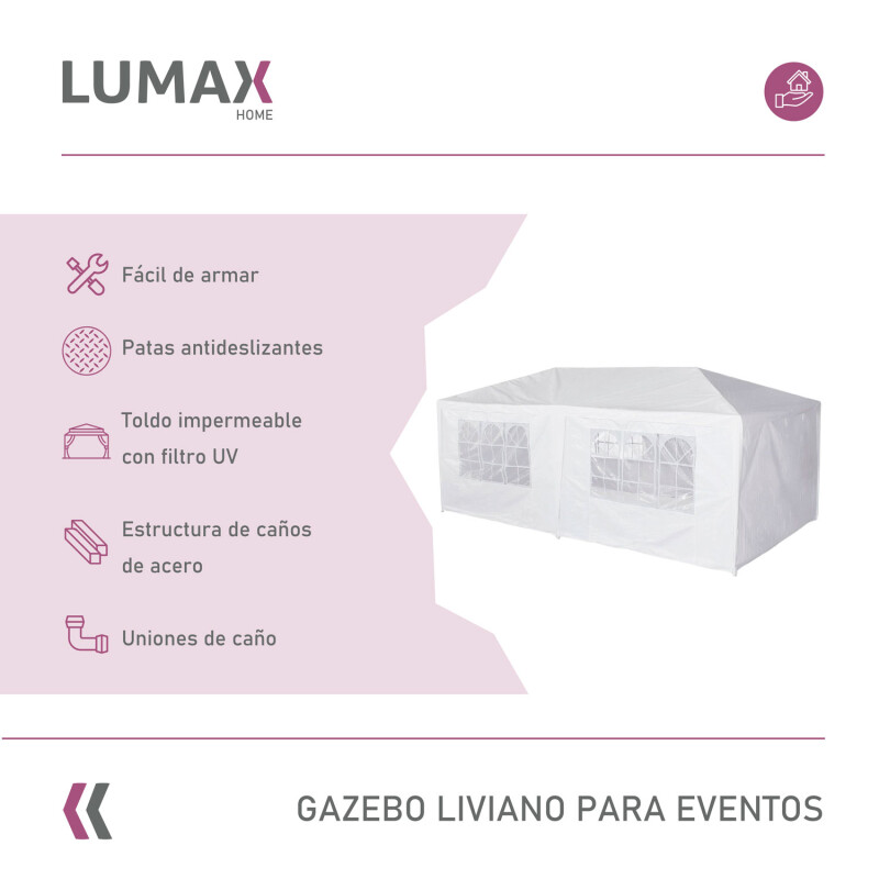 Gazebo Lumax Liviano Desarmable Paredes, Para Eventos 6x3 mts Blanco