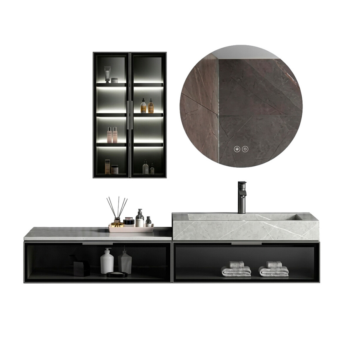 Conjunto De Baño Habitare Modelo Sy1086-100 / Mueble + Bacha + Espejo Circular C/ Luz Led 