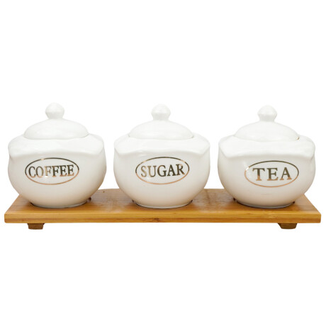 Set de 3 frascos de ceramica con tapa + bandeja de madera Set de 3 frascos de ceramica con tapa + bandeja de madera