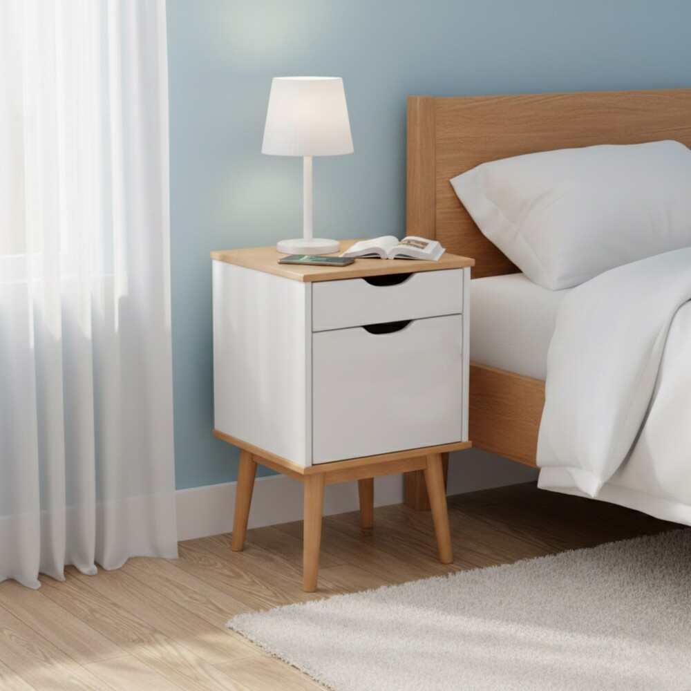 Mesa de Luz - 1 puerta - 1 cajón - Línea Nórdica Roble/Blanco