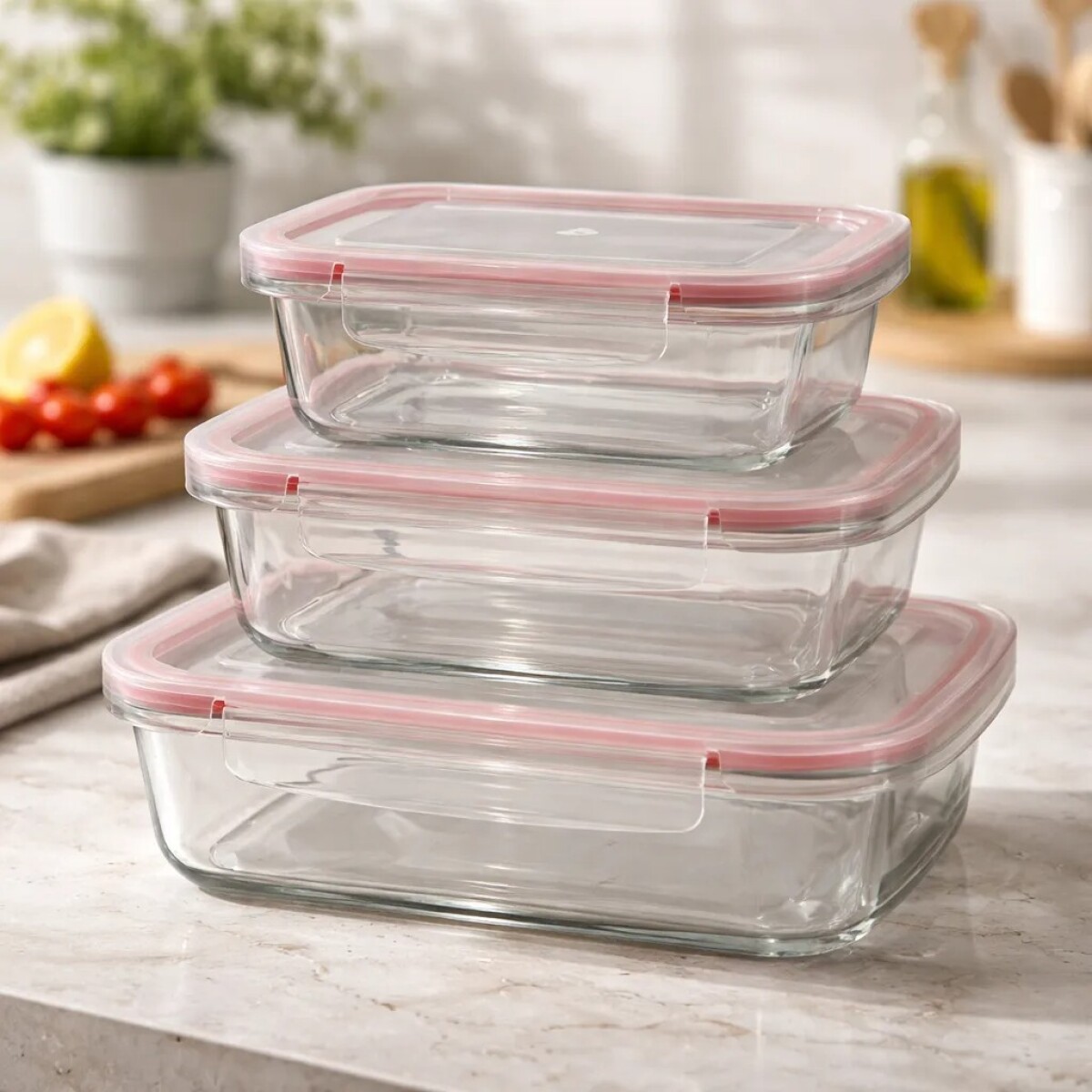 Set x 3 Tuppers Rectangulares de Vidrio c/Trabas - X-XM01-R 