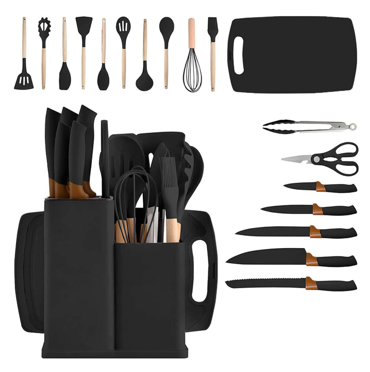 Set de 19 Utensilios para Cocina Silicona Antiadherente IMBACK Negro 