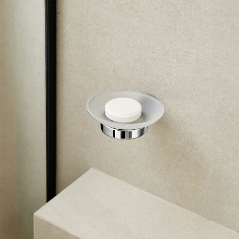 JABONERA CON PLATO VIDRIO METAL LINEA CR CROMO MATE CROMO