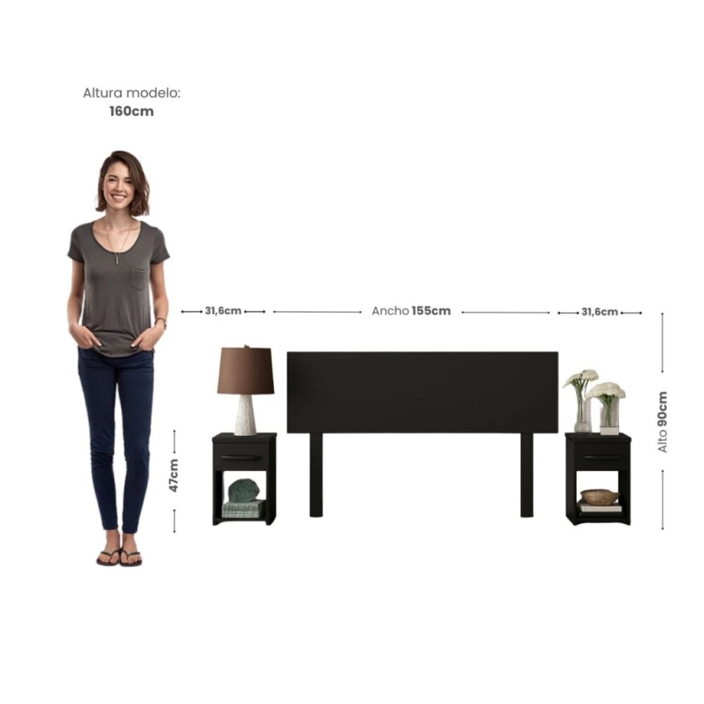 COMBO DORMITORIO - ROPERO PLUS 6 PUERTAS + RESPALDO CON 2 MESAS DE LUZ NEGRO