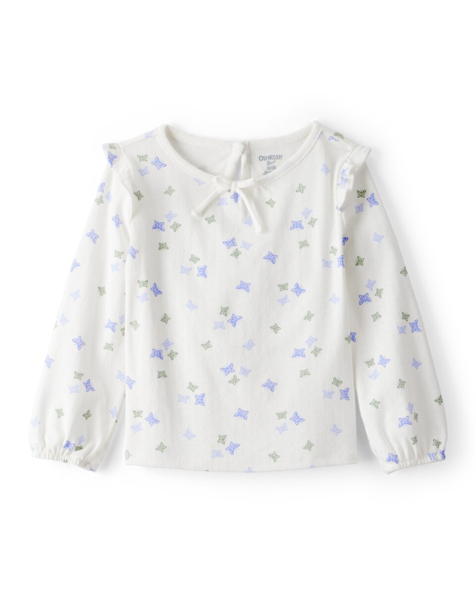 Blusa de algodón, manga larga, color marfil, diseño mariposas 